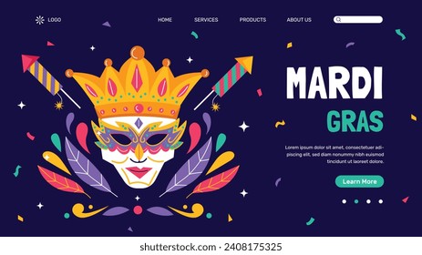 Fröhlicher Mardi Gras Festivalhintergrund. Mardi Gras Karnevalsfeier. Cartoon Vektorgrafik Design Vorlage für Poster, Banner, Flyer, Gruß, Karte, Post, Cover, Einladung. Mardi Gras Parade