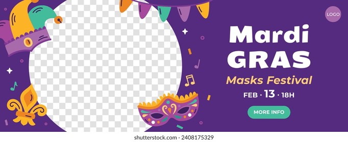 Happy Mardi Gras festival background. Mardi Gras carnival celebration. Cartoon Vector illustration design Template for Poster, Banner, Flyer, Greeting, Card, Post, Cover, Invitation. Mardi Gras parade