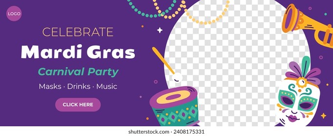 Happy Mardi Gras festival background. Mardi Gras carnival celebration. Cartoon Vector illustration design Template for Poster, Banner, Flyer, Greeting, Card, Post, Cover, Invitation. Mardi Gras parade