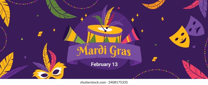 Happy Mardi Gras festival background. Mardi Gras carnival celebration. Cartoon Vector illustration design Template for Poster, Banner, Flyer, Greeting, Card, Post, Cover, Invitation. Mardi Gras parade