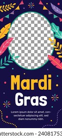 Fröhlicher Mardi Gras Festivalhintergrund. Mardi Gras Karnevalsfeier. Cartoon Vektorgrafik Design Vorlage für Poster, Banner, Flyer, Gruß, Karte, Post, Cover, Einladung. Mardi Gras Parade