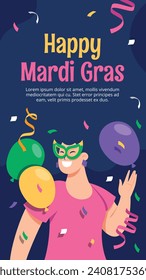 Fröhlicher Mardi Gras Festivalhintergrund. Mardi Gras Karnevalsfeier. Cartoon Vektorgrafik Design Vorlage für Poster, Banner, Flyer, Gruß, Karte, Post, Cover, Einladung. Mardi Gras Parade