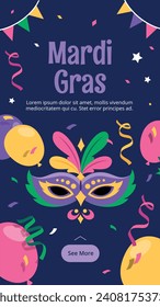 Fröhlicher Mardi Gras Festivalhintergrund. Mardi Gras Karnevalsfeier. Cartoon Vektorgrafik Design Vorlage für Poster, Banner, Flyer, Gruß, Karte, Post, Cover, Einladung. Mardi Gras Parade