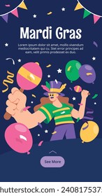 Happy Mardi Gras festival background. Mardi Gras carnival celebration. Cartoon Vector illustration design Template for Poster, Banner, Flyer, Greeting, Card, Post, Cover, Invitation. Mardi Gras parade