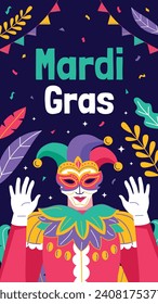 Fröhlicher Mardi Gras Festivalhintergrund. Mardi Gras Karnevalsfeier. Cartoon Vektorgrafik Design Vorlage für Poster, Banner, Flyer, Gruß, Karte, Post, Cover, Einladung. Mardi Gras Parade