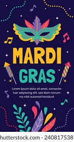 Happy Mardi Gras festival background. Mardi Gras carnival celebration. Cartoon Vector illustration design Template for Poster, Banner, Flyer, Greeting, Card, Post, Cover, Invitation. Mardi Gras parade