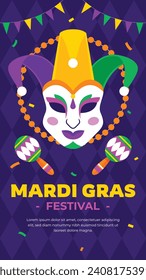 Fröhlicher Mardi Gras Festivalhintergrund. Mardi Gras Karnevalsfeier. Cartoon Vektorgrafik Design Vorlage für Poster, Banner, Flyer, Gruß, Karte, Post, Cover, Einladung. Mardi Gras Parade