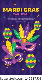 Fröhlicher Mardi Gras Festivalhintergrund. Mardi Gras Karnevalsfeier. Cartoon Vektorgrafik Design Vorlage für Poster, Banner, Flyer, Gruß, Karte, Post, Cover, Einladung. Mardi Gras Parade