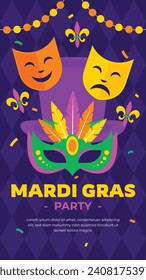 Happy Mardi Gras festival background. Mardi Gras carnival celebration. Cartoon Vector illustration design Template for Poster, Banner, Flyer, Greeting, Card, Post, Cover, Invitation. Mardi Gras parade