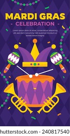 Happy Mardi Gras festival background. Mardi Gras carnival celebration. Cartoon Vector illustration design Template for Poster, Banner, Flyer, Greeting, Card, Post, Cover, Invitation. Mardi Gras parade