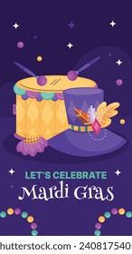 Happy Mardi Gras festival background. Mardi Gras carnival celebration. Cartoon Vector illustration design Template for Poster, Banner, Flyer, Greeting, Card, Post, Cover, Invitation. Mardi Gras parade