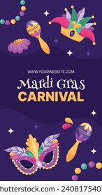 Fröhlicher Mardi Gras Festivalhintergrund. Mardi Gras Karnevalsfeier. Cartoon Vektorgrafik Design Vorlage für Poster, Banner, Flyer, Gruß, Karte, Post, Cover, Einladung. Mardi Gras Parade