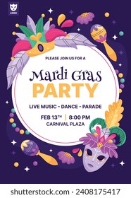 Fröhlicher Mardi Gras Festivalhintergrund. Mardi Gras Karnevalsfeier. Cartoon Vektorgrafik Design Vorlage für Poster, Banner, Flyer, Gruß, Karte, Post, Cover, Einladung. Mardi Gras Parade