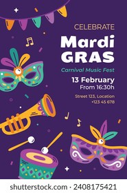 Fröhlicher Mardi Gras Festivalhintergrund. Mardi Gras Karnevalsfeier. Cartoon Vektorgrafik Design Vorlage für Poster, Banner, Flyer, Gruß, Karte, Post, Cover, Einladung. Mardi Gras Parade