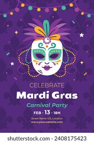 Fröhlicher Mardi Gras Festivalhintergrund. Mardi Gras Karnevalsfeier. Cartoon Vektorgrafik Design Vorlage für Poster, Banner, Flyer, Gruß, Karte, Post, Cover, Einladung. Mardi Gras Parade