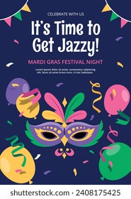 Fröhlicher Mardi Gras Festivalhintergrund. Mardi Gras Karnevalsfeier. Cartoon Vektorgrafik Design Vorlage für Poster, Banner, Flyer, Gruß, Karte, Post, Cover, Einladung. Mardi Gras Parade