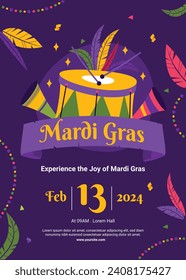 Happy Mardi Gras festival background. Mardi Gras carnival celebration. Cartoon Vector illustration design Template for Poster, Banner, Flyer, Greeting, Card, Post, Cover, Invitation. Mardi Gras parade