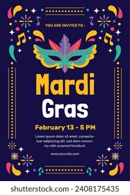 Happy Mardi Gras festival background. Mardi Gras carnival celebration. Cartoon Vector illustration design Template for Poster, Banner, Flyer, Greeting, Card, Post, Cover, Invitation. Mardi Gras parade