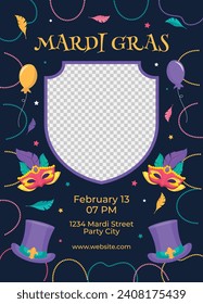 Happy Mardi Gras festival background. Mardi Gras carnival celebration. Cartoon Vector illustration design Template for Poster, Banner, Flyer, Greeting, Card, Post, Cover, Invitation. Mardi Gras parade