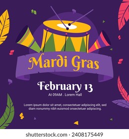 Happy Mardi Gras festival background. Mardi Gras carnival celebration. Cartoon Vector illustration design Template for Poster, Banner, Flyer, Greeting, Card, Post, Cover, Invitation. Mardi Gras parade