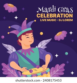 Happy Mardi Gras festival background. Mardi Gras carnival celebration. Cartoon Vector illustration design Template for Poster, Banner, Flyer, Greeting, Card, Post, Cover, Invitation. Mardi Gras parade