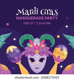 Fröhlicher Mardi Gras Festivalhintergrund. Mardi Gras Karnevalsfeier. Cartoon Vektorgrafik Design Vorlage für Poster, Banner, Flyer, Gruß, Karte, Post, Cover, Einladung. Mardi Gras Parade