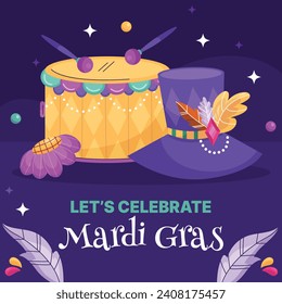 Fröhlicher Mardi Gras Festivalhintergrund. Mardi Gras Karnevalsfeier. Cartoon Vektorgrafik Design Vorlage für Poster, Banner, Flyer, Gruß, Karte, Post, Cover, Einladung. Mardi Gras Parade