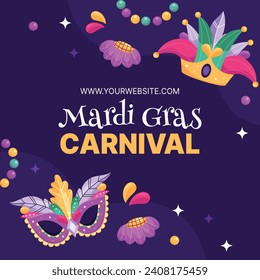 Fröhlicher Mardi Gras Festivalhintergrund. Mardi Gras Karnevalsfeier. Cartoon Vektorgrafik Design Vorlage für Poster, Banner, Flyer, Gruß, Karte, Post, Cover, Einladung. Mardi Gras Parade