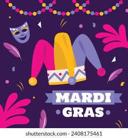 Happy Mardi Gras festival background. Mardi Gras carnival celebration. Cartoon Vector illustration design Template for Poster, Banner, Flyer, Greeting, Card, Post, Cover, Invitation. Mardi Gras parade