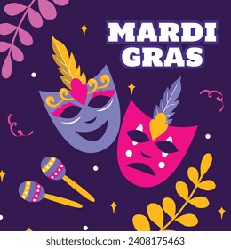 Happy Mardi Gras festival background. Mardi Gras carnival celebration. Cartoon Vector illustration design Template for Poster, Banner, Flyer, Greeting, Card, Post, Cover, Invitation. Mardi Gras parade