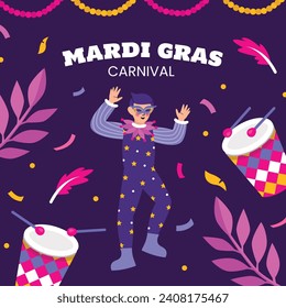 Fröhlicher Mardi Gras Festivalhintergrund. Mardi Gras Karnevalsfeier. Cartoon Vektorgrafik Design Vorlage für Poster, Banner, Flyer, Gruß, Karte, Post, Cover, Einladung. Mardi Gras Parade