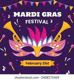 Fröhlicher Mardi Gras Festivalhintergrund. Mardi Gras Karnevalsfeier. Cartoon Vektorgrafik Design Vorlage für Poster, Banner, Flyer, Gruß, Karte, Post, Cover, Einladung. Mardi Gras Parade