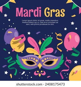 Fröhlicher Mardi Gras Festivalhintergrund. Mardi Gras Karnevalsfeier. Cartoon Vektorgrafik Design Vorlage für Poster, Banner, Flyer, Gruß, Karte, Post, Cover, Einladung. Mardi Gras Parade