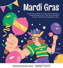 Fröhlicher Mardi Gras Festivalhintergrund. Mardi Gras Karnevalsfeier. Cartoon Vektorgrafik Design Vorlage für Poster, Banner, Flyer, Gruß, Karte, Post, Cover, Einladung. Mardi Gras Parade