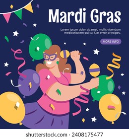 Happy Mardi Gras festival background. Mardi Gras carnival celebration. Cartoon Vector illustration design Template for Poster, Banner, Flyer, Greeting, Card, Post, Cover, Invitation. Mardi Gras parade