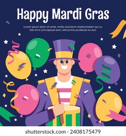 Fröhlicher Mardi Gras Festivalhintergrund. Mardi Gras Karnevalsfeier. Cartoon Vektorgrafik Design Vorlage für Poster, Banner, Flyer, Gruß, Karte, Post, Cover, Einladung. Mardi Gras Parade