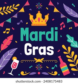 Fröhlicher Mardi Gras Festivalhintergrund. Mardi Gras Karnevalsfeier. Cartoon Vektorgrafik Design Vorlage für Poster, Banner, Flyer, Gruß, Karte, Post, Cover, Einladung. Mardi Gras Parade