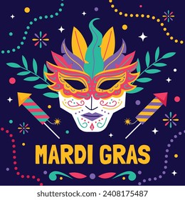 Fröhlicher Mardi Gras Festivalhintergrund. Mardi Gras Karnevalsfeier. Cartoon Vektorgrafik Design Vorlage für Poster, Banner, Flyer, Gruß, Karte, Post, Cover, Einladung. Mardi Gras Parade