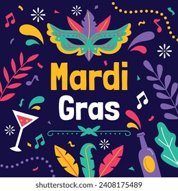 Fröhlicher Mardi Gras Festivalhintergrund. Mardi Gras Karnevalsfeier. Cartoon Vektorgrafik Design Vorlage für Poster, Banner, Flyer, Gruß, Karte, Post, Cover, Einladung. Mardi Gras Parade