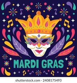 Fröhlicher Mardi Gras Festivalhintergrund. Mardi Gras Karnevalsfeier. Cartoon Vektorgrafik Design Vorlage für Poster, Banner, Flyer, Gruß, Karte, Post, Cover, Einladung. Mardi Gras Parade