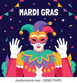 Fröhlicher Mardi Gras Festivalhintergrund. Mardi Gras Karnevalsfeier. Cartoon Vektorgrafik Design Vorlage für Poster, Banner, Flyer, Gruß, Karte, Post, Cover, Einladung. Mardi Gras Parade