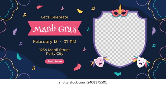 Happy Mardi Gras festival background. Mardi Gras carnival celebration. Cartoon Vector illustration design Template for Poster, Banner, Flyer, Greeting, Card, Post, Cover, Invitation. Mardi Gras parade