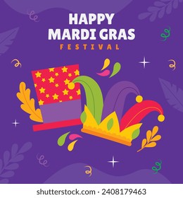 Happy Mardi Gras festival background. Mardi Gras carnival celebration. Cartoon Vector illustration design Template for Poster, Banner, Flyer, Greeting, Card, Post, Cover, Invitation. Mardi Gras parade