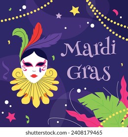 Fröhlicher Mardi Gras Festivalhintergrund. Mardi Gras Karnevalsfeier. Cartoon Vektorgrafik Design Vorlage für Poster, Banner, Flyer, Gruß, Karte, Post, Cover, Einladung. Mardi Gras Parade