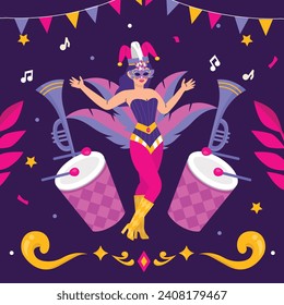 Fröhlicher Mardi Gras Festivalhintergrund. Mardi Gras Karnevalsfeier. Cartoon Vektorgrafik Design Vorlage für Poster, Banner, Flyer, Gruß, Karte, Post, Cover, Einladung. Mardi Gras Parade