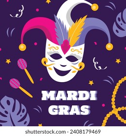 Happy Mardi Gras festival background. Mardi Gras carnival celebration. Cartoon Vector illustration design Template for Poster, Banner, Flyer, Greeting, Card, Post, Cover, Invitation. Mardi Gras parade