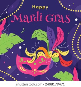 Happy Mardi Gras festival background. Mardi Gras carnival celebration. Cartoon Vector illustration design Template for Poster, Banner, Flyer, Greeting, Card, Post, Cover, Invitation. Mardi Gras parade