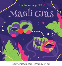 Felices antecedentes del festival Mardi Gras. Celebración del carnaval de Mardi Gras. Plantilla de diseño de ilustración de vectores de dibujos animados para afiches, pancartas, volantes, saludo, tarjeta, mensaje, portada, invitación. Desfile Mardi Gras