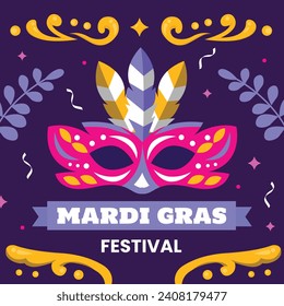 Fröhlicher Mardi Gras Festivalhintergrund. Mardi Gras Karnevalsfeier. Cartoon Vektorgrafik Design Vorlage für Poster, Banner, Flyer, Gruß, Karte, Post, Cover, Einladung. Mardi Gras Parade