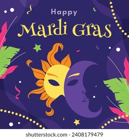 Happy Mardi Gras festival background. Mardi Gras carnival celebration. Cartoon Vector illustration design Template for Poster, Banner, Flyer, Greeting, Card, Post, Cover, Invitation. Mardi Gras parade